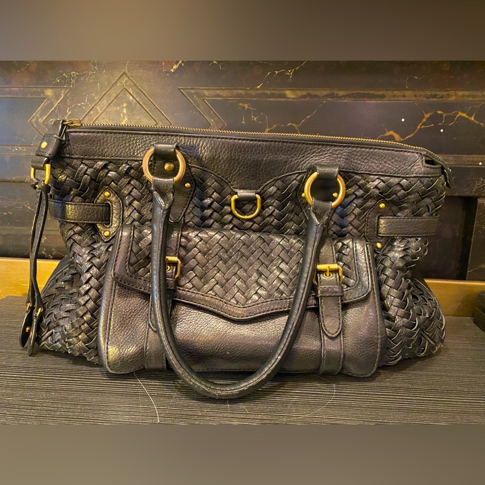 COLE HAAN Large Leather Weave Black Tote Purse — One Bottom Corner Scuffed